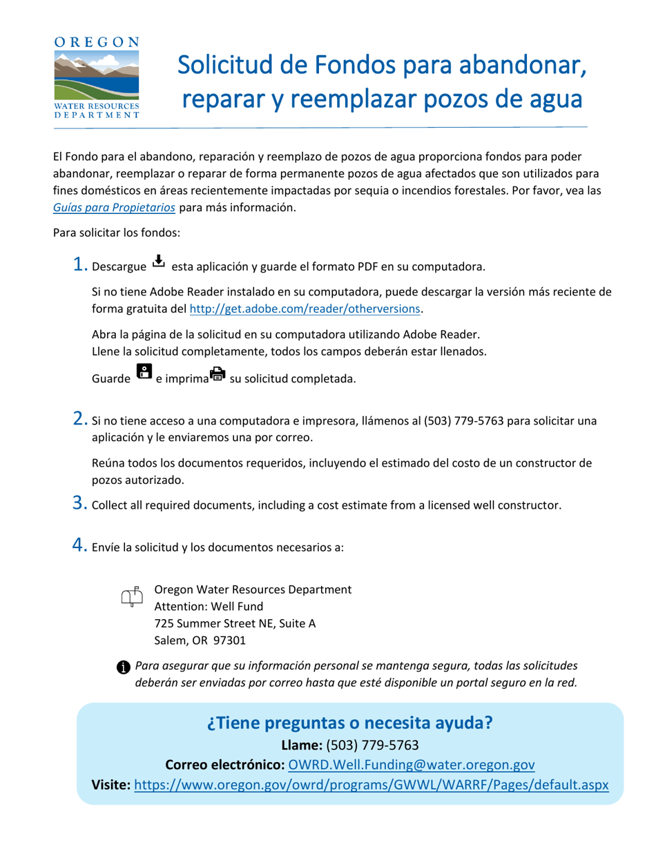 Solicitud De Fondos Para Abandonar, Reparar Y Reemplazar Pozos De Agua - Oregon (Spanish), Page 1