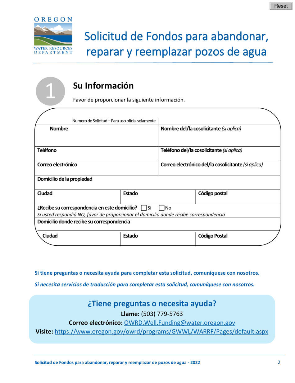 Solicitud De Fondos Para Abandonar, Reparar Y Reemplazar Pozos De Agua - Oregon (Spanish), Page 2
