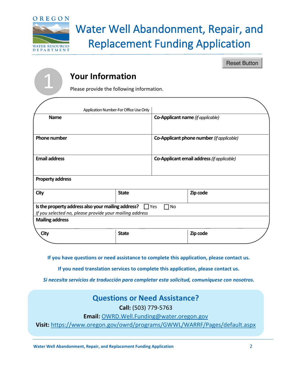 Water Well Abandonment, Repair, and Replacement Funding Application - Oregon, Page 2