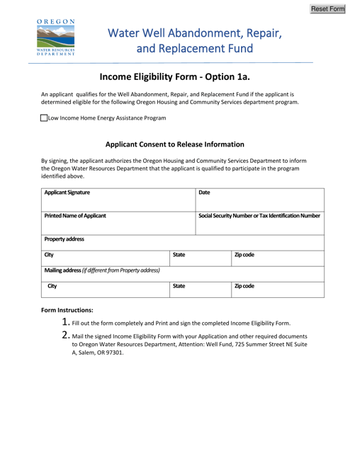Option 1a - Income Eligibility Form - Water Well Abandonment, Repair, and Replacement Fund - Oregon