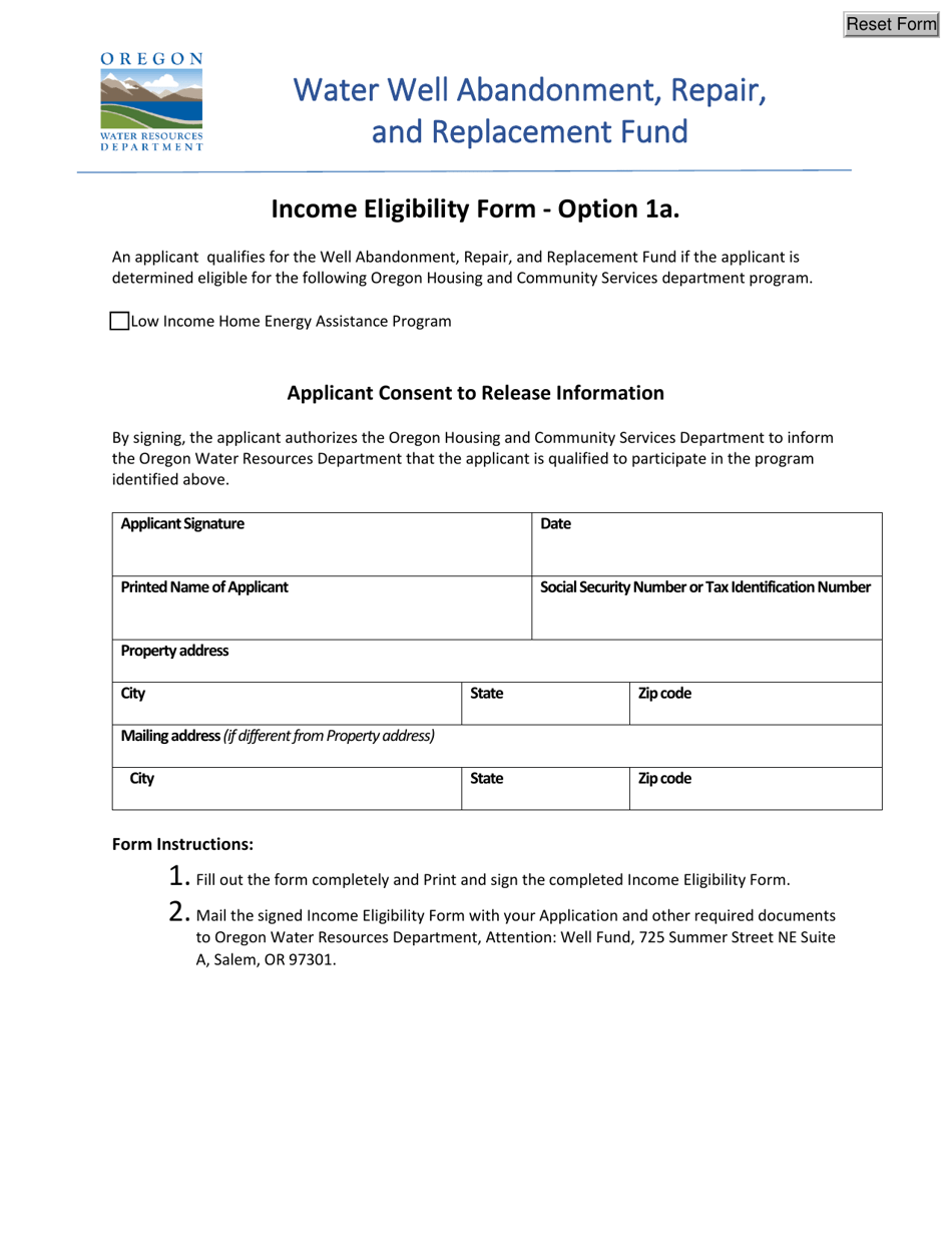 Option 1a - Income Eligibility Form - Water Well Abandonment, Repair, and Replacement Fund - Oregon, Page 1