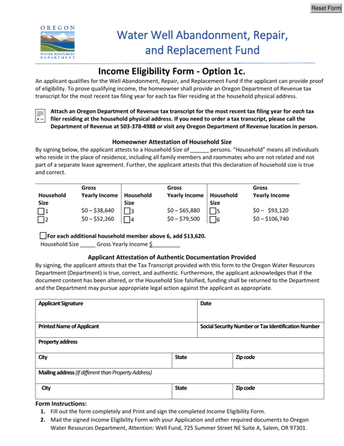 Income Eligibility Form - Option 1c - Water Well Abandonment, Repair, and Replacement Fund - Oregon