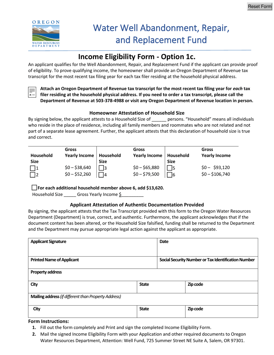 Income Eligibility Form - Option 1c - Water Well Abandonment, Repair, and Replacement Fund - Oregon, Page 1