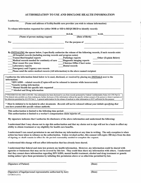 Form CD728CH Medical Records Release Form - Oregon