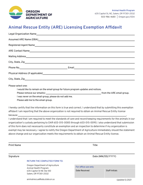 Animal Rescue Entity (Are) Licensing Exemption Affidavit - Oregon Download Pdf