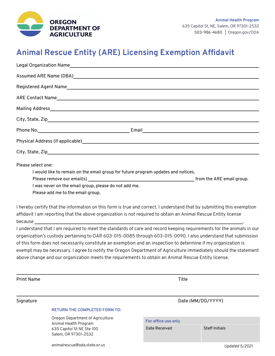 Animal Rescue Entity (Are) Licensing Exemption Affidavit - Oregon, Page 1