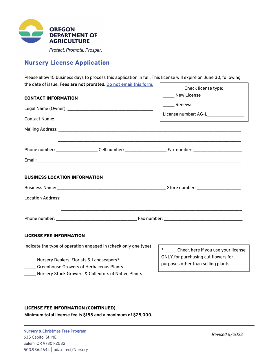 Nursery License Application - Oregon, Page 1