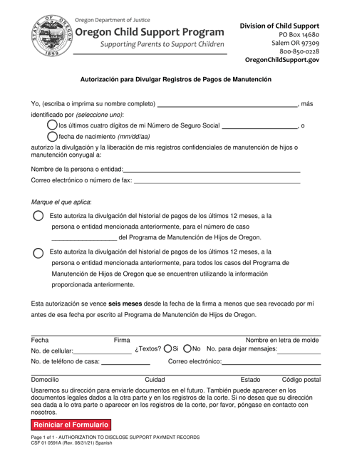 Formulario CSF01 0591A Autorizacion Para Divulgar Registros De Pagos De Manutencion - Oregon (Spanish)