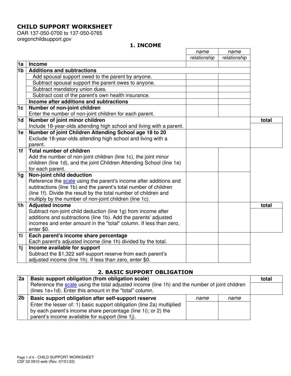 Form CSF02 0910 Child Support Worksheet - Oregon, Page 1