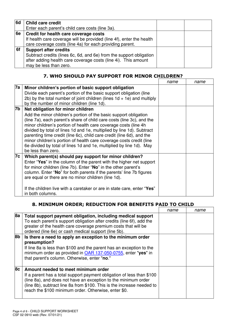 Form CSF02 0910 Child Support Worksheet - Oregon, Page 4