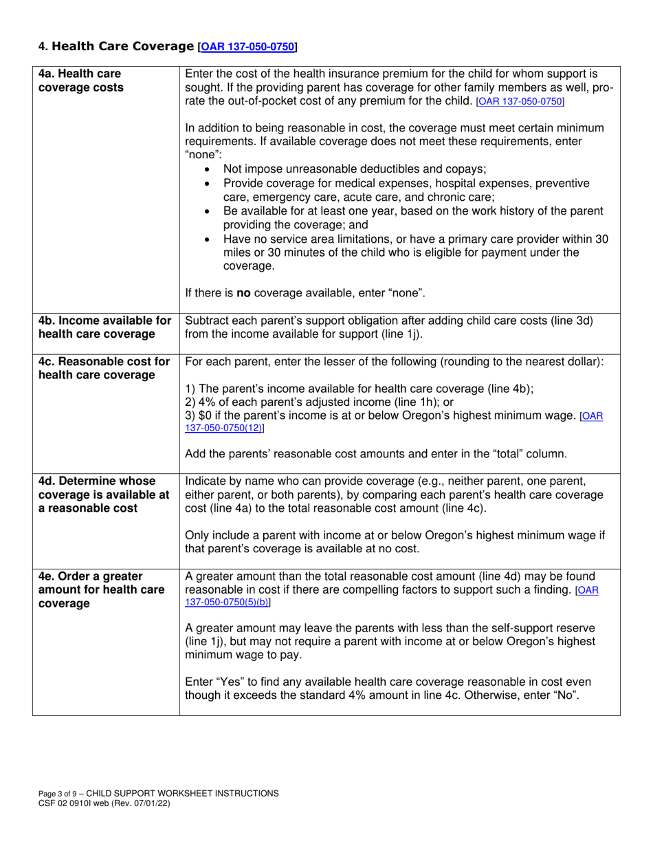 Instructions for Form CSF02 0910 Child Support Worksheet - Oregon, Page 3