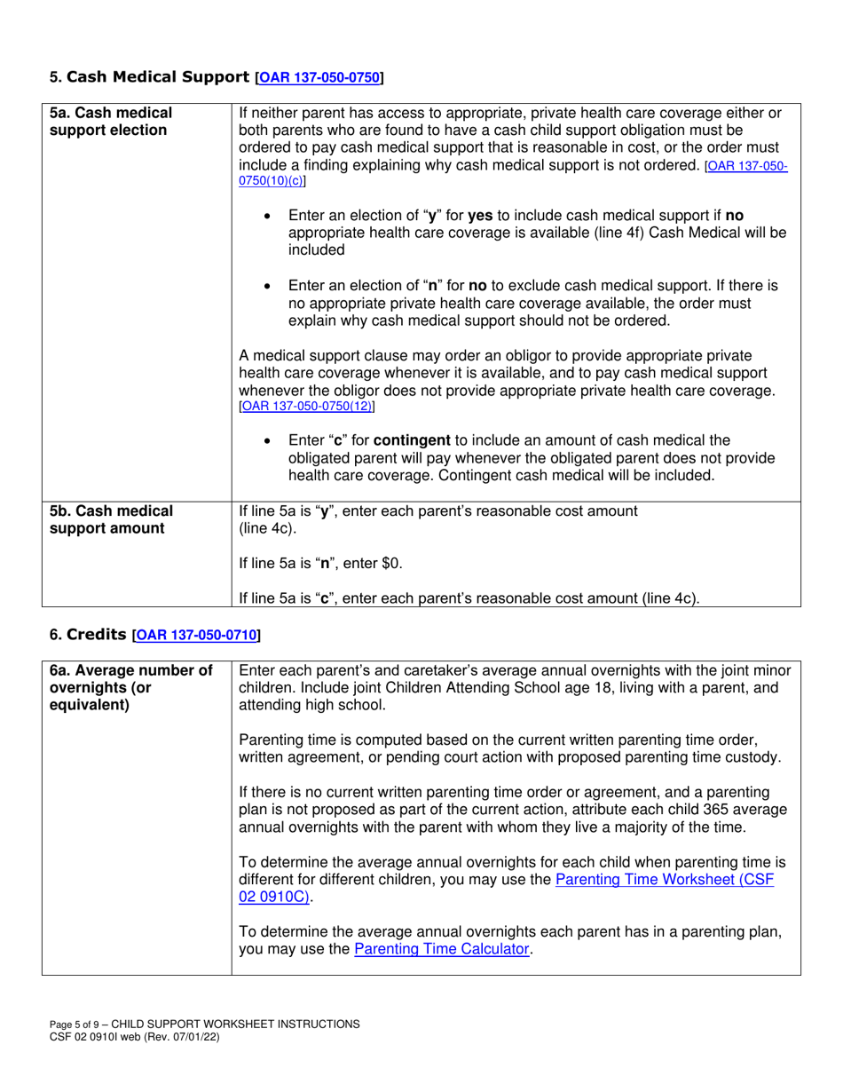 Instructions for Form CSF02 0910 Child Support Worksheet - Oregon, Page 5