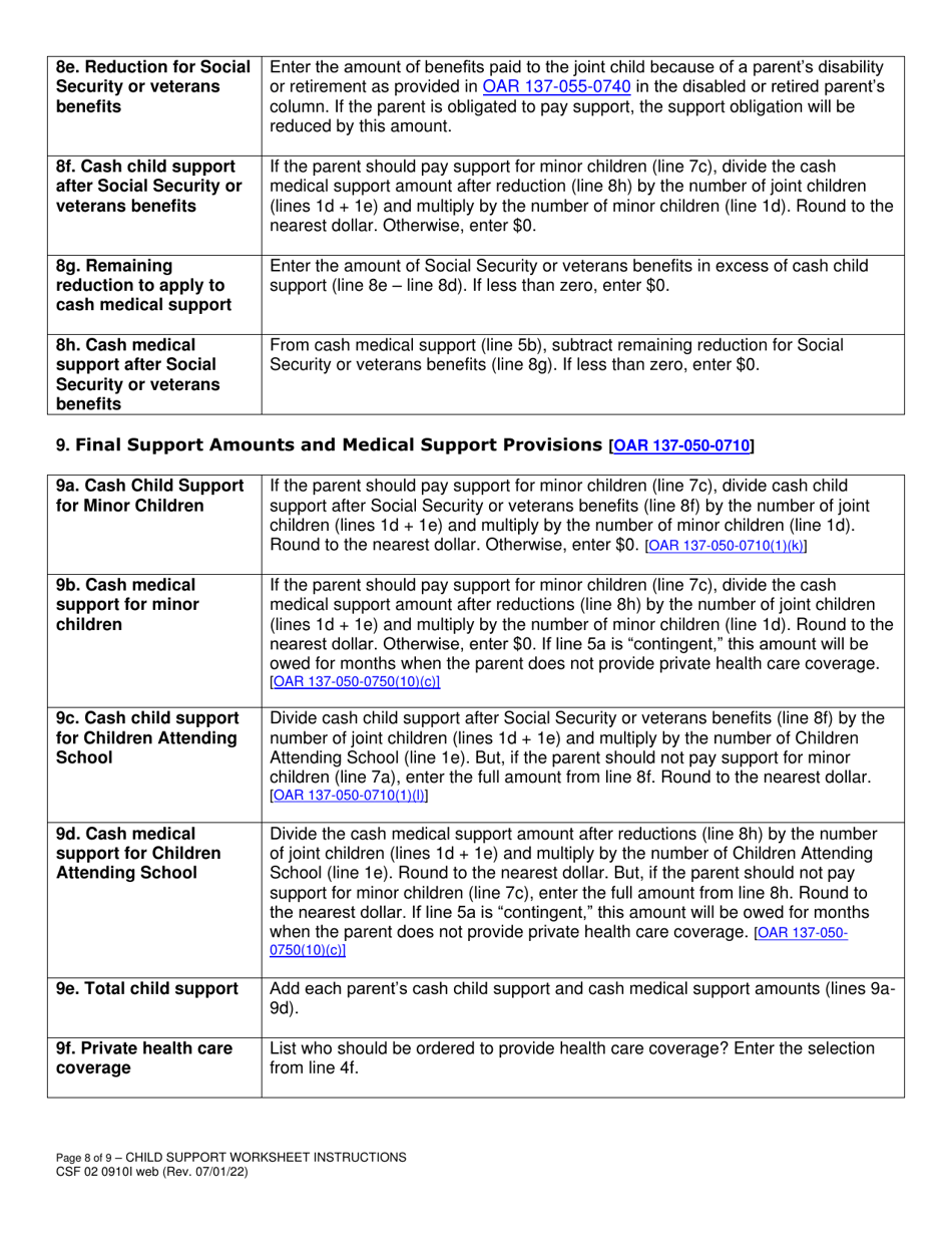 Instructions for Form CSF02 0910 Child Support Worksheet - Oregon, Page 8