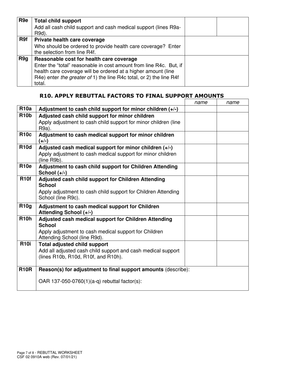 Form CSF02 0910A Child Support Rebuttal Worksheet - Oregon, Page 7