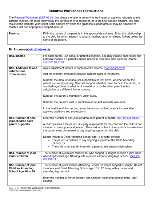 Instructions for Form CSF02 0910A Child Support Rebuttal Worksheet - Oregon
