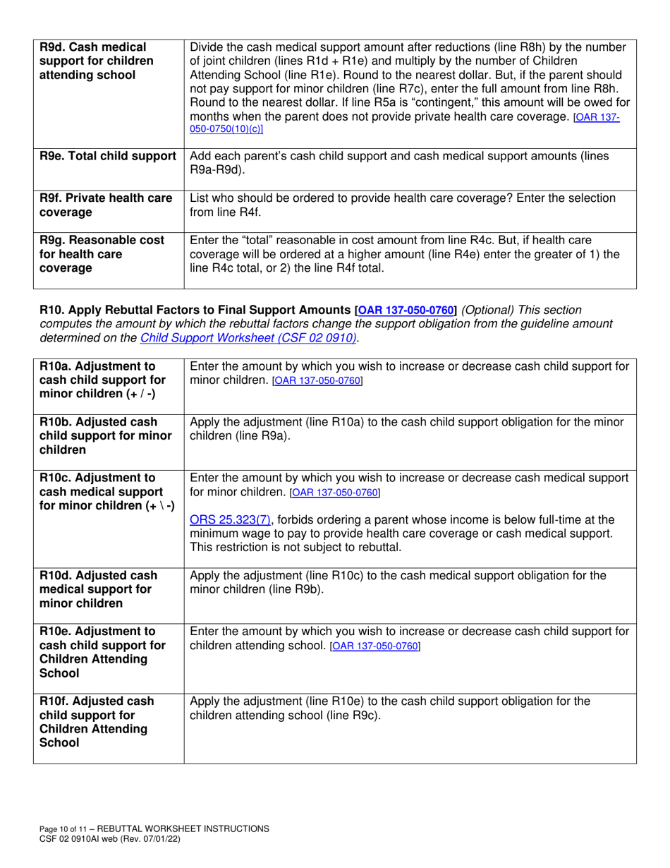 Instructions for Form CSF02 0910A Child Support Rebuttal Worksheet - Oregon, Page 10