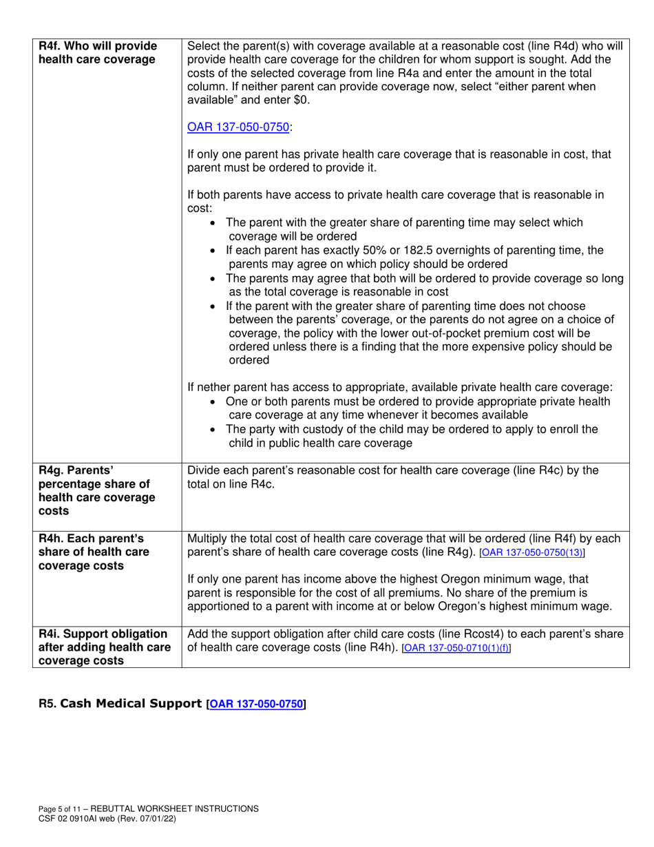 Instructions for Form CSF02 0910A Child Support Rebuttal Worksheet - Oregon, Page 5