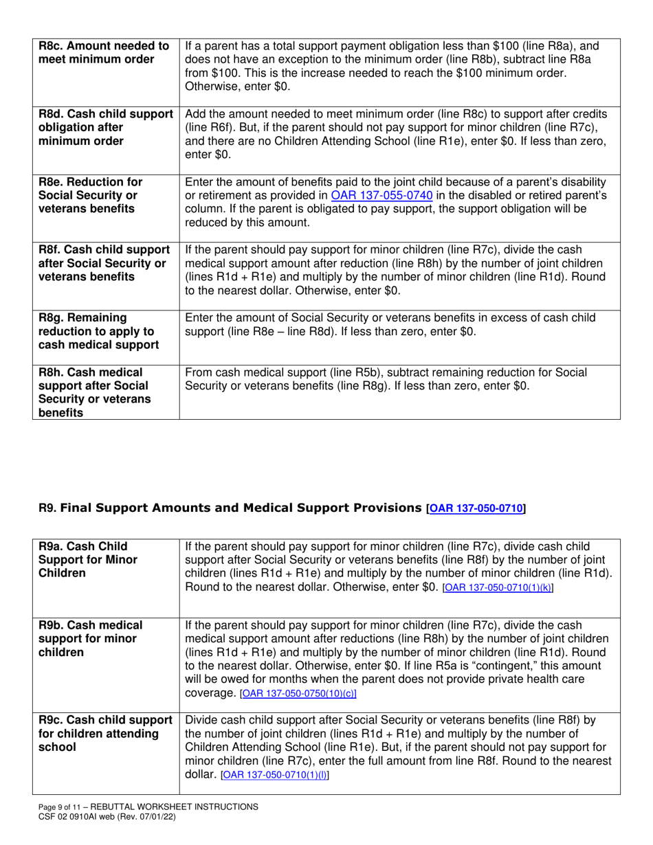 Instructions for Form CSF02 0910A Child Support Rebuttal Worksheet - Oregon, Page 9