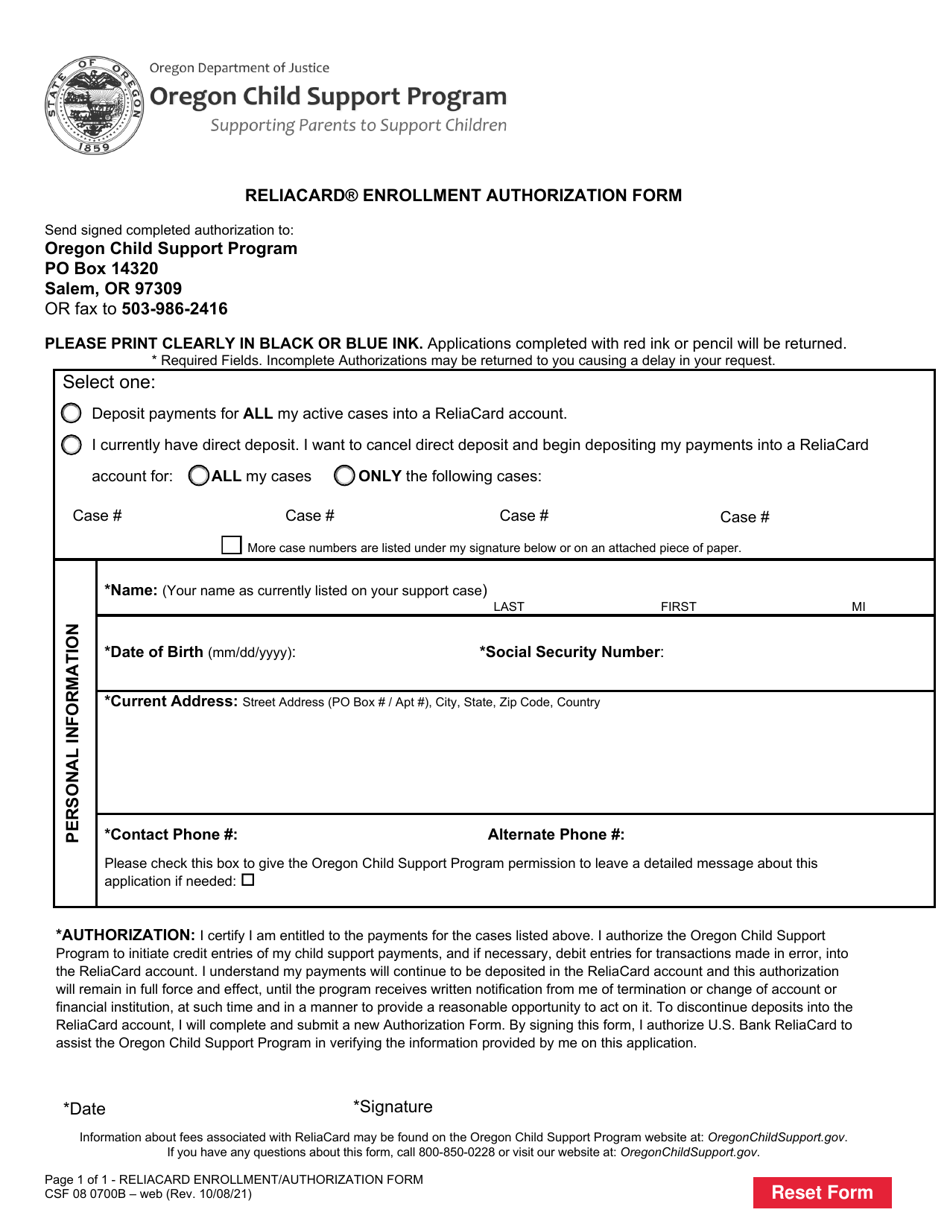 Form CSF08 0700B Reliacard Enrollment / Authorization Form - Oregon, Page 1