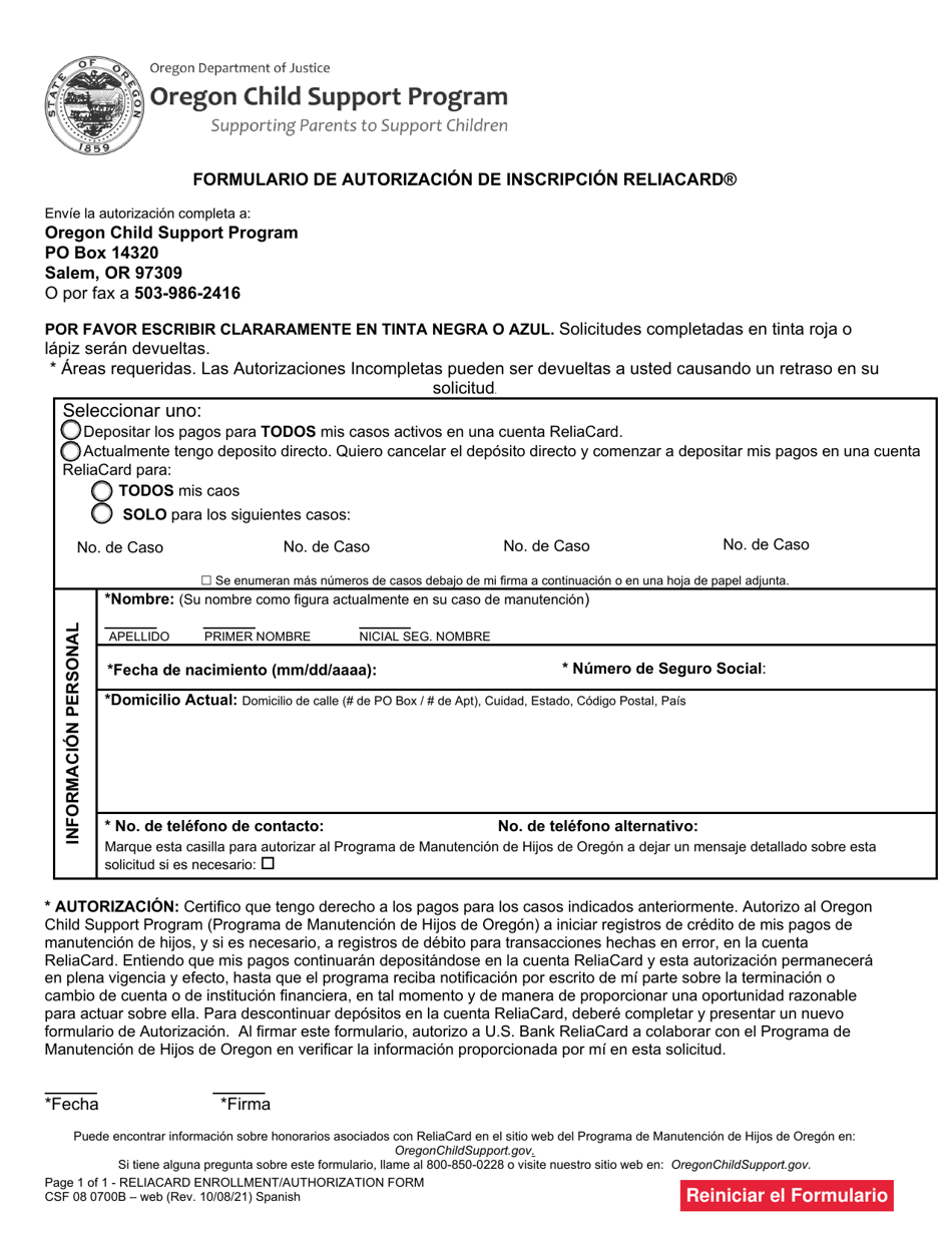 Formulario CSF08 0700B Formulario De Autorizacion De Inscripcion Reliacard - Oregon (Spanish), Page 1