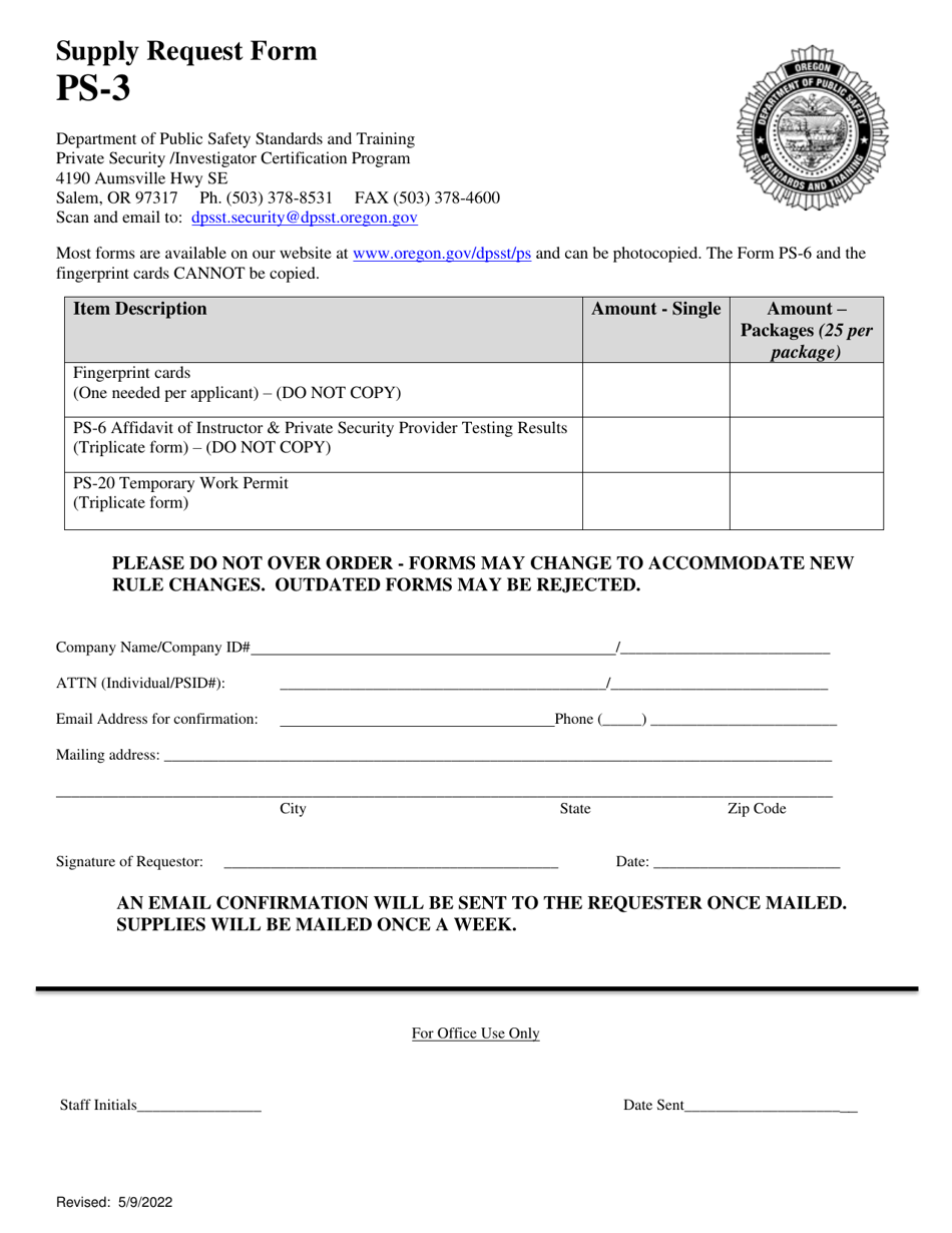 Form PS-3 Supply Request Form - Oregon, Page 1
