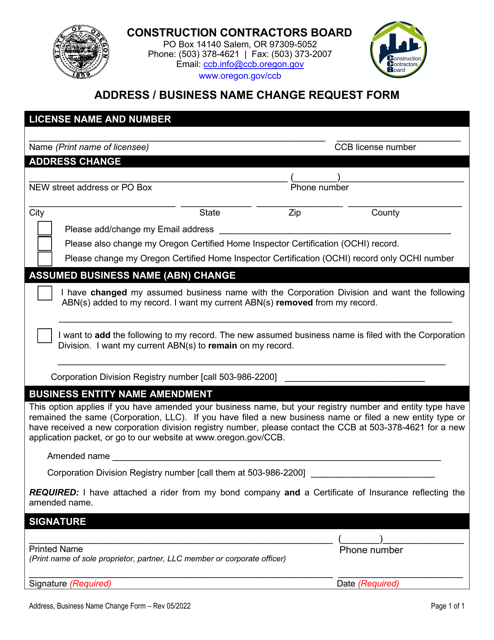 Address/Business Name Change Request Form - Oregon