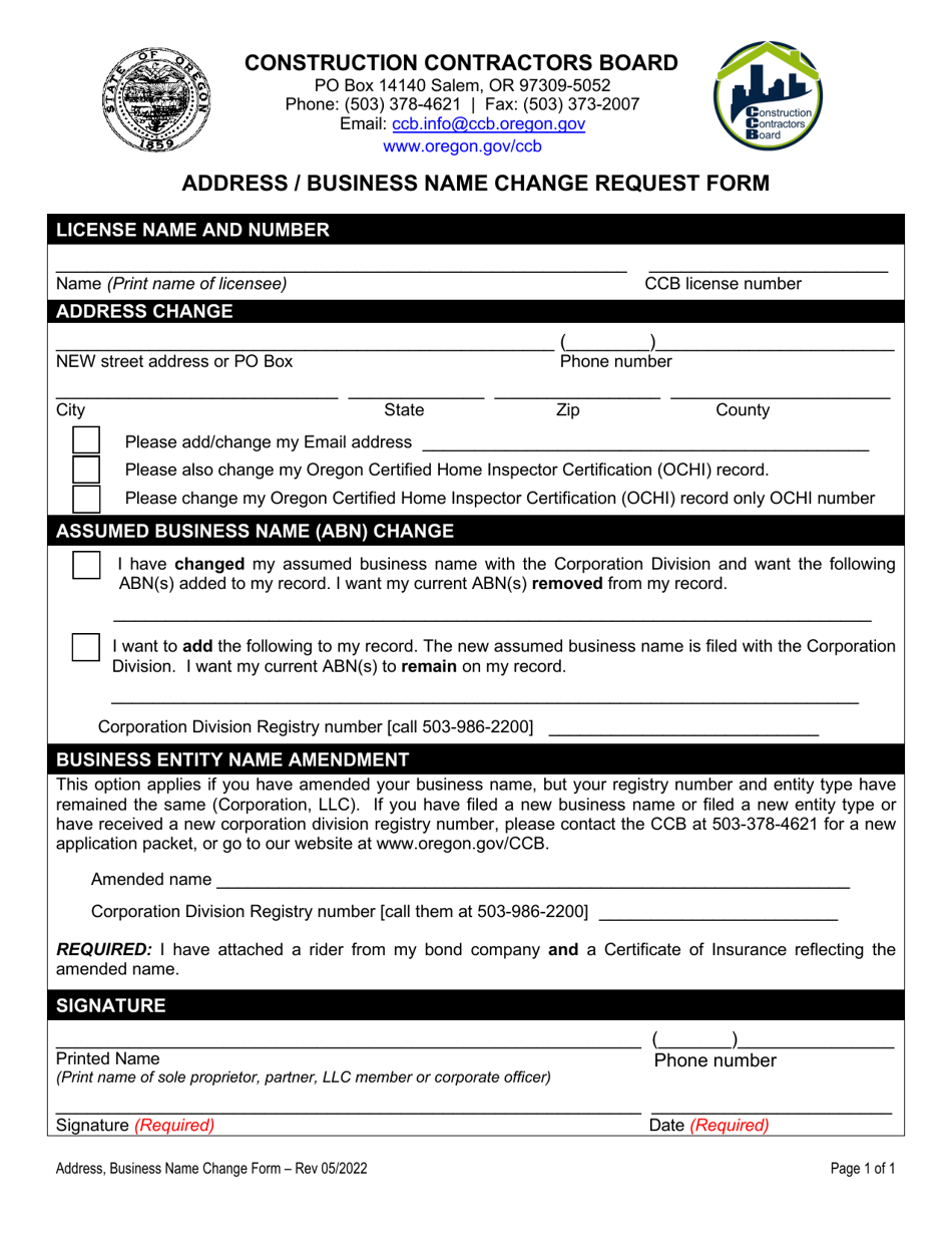 Address / Business Name Change Request Form - Oregon, Page 1