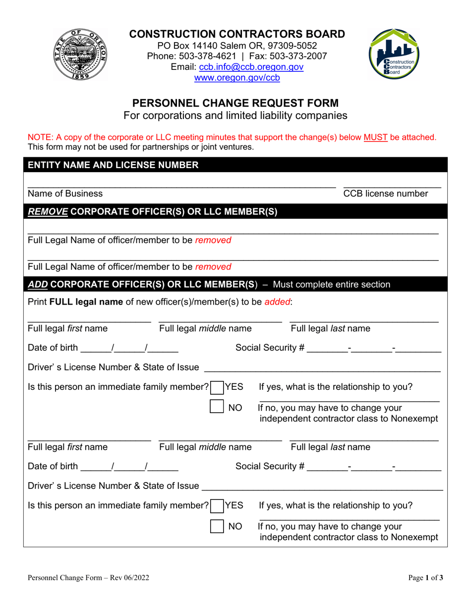 Personnel Change Request Form for Corporations and Limited Liability Companies - Oregon, Page 1