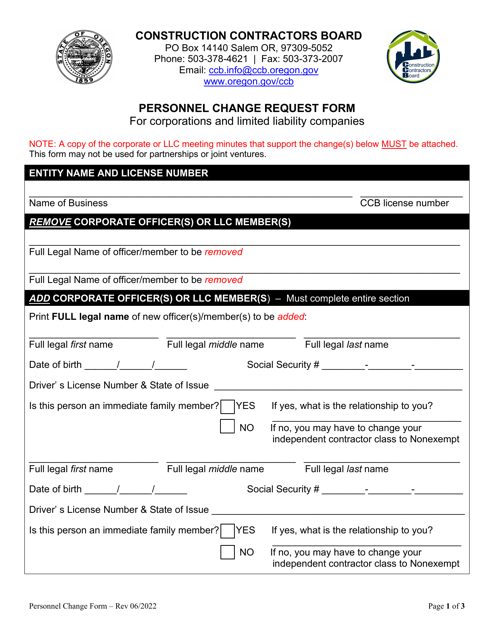 Personnel Change Request Form for Corporations and Limited Liability Companies - Oregon Download Pdf