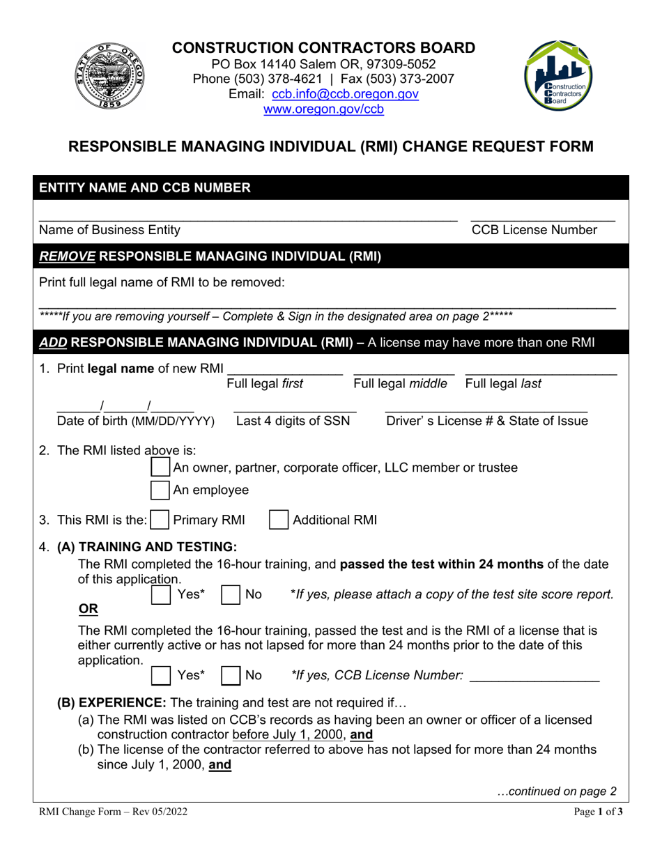 Responsible Managing Individual (Rmi) Change Request Form - Oregon, Page 1
