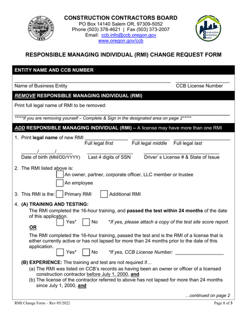 Responsible Managing Individual (Rmi) Change Request Form - Oregon Download Pdf