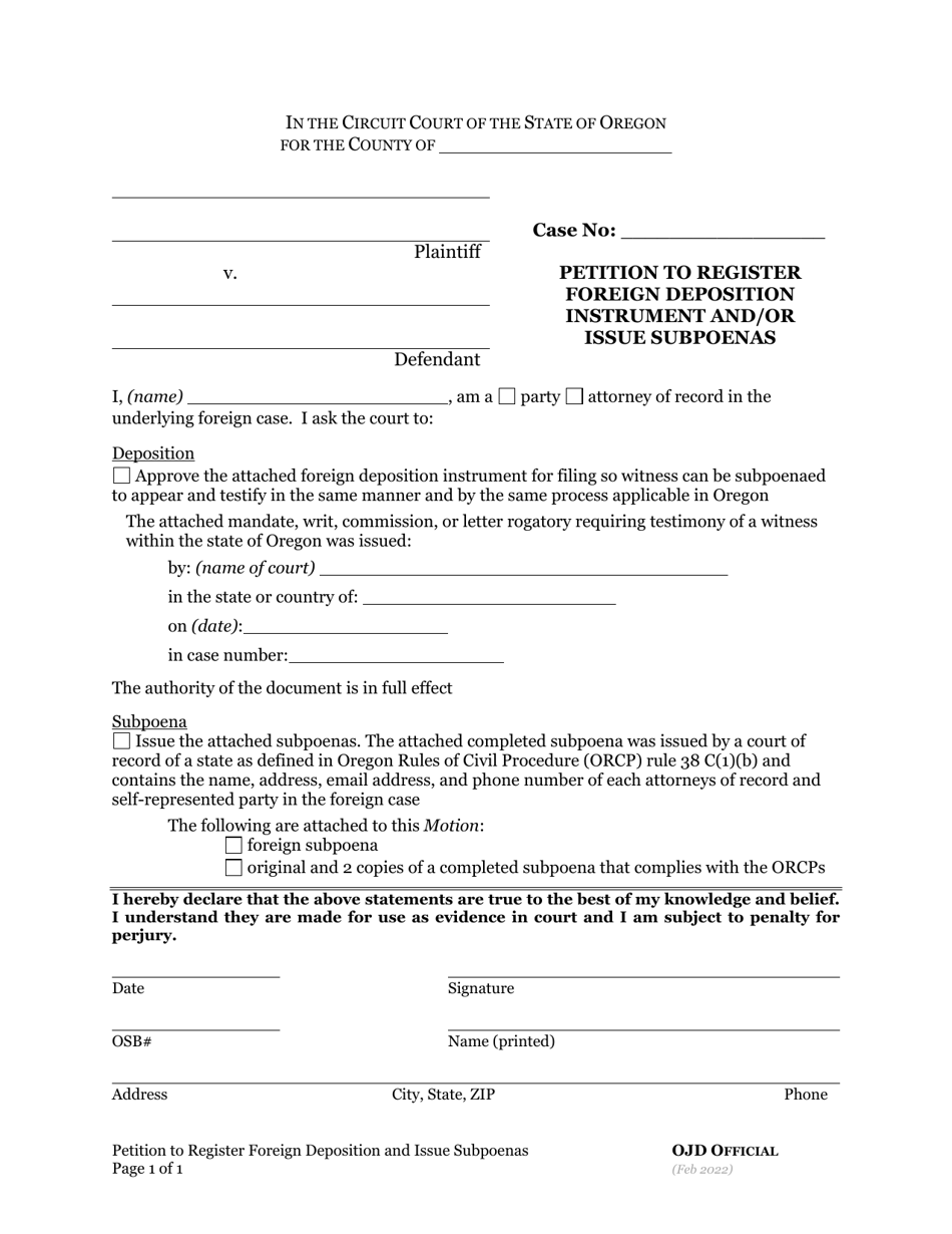 Petition to Register Foreign Deposition Instrument and / or Issue Subpoenas - Oregon, Page 1