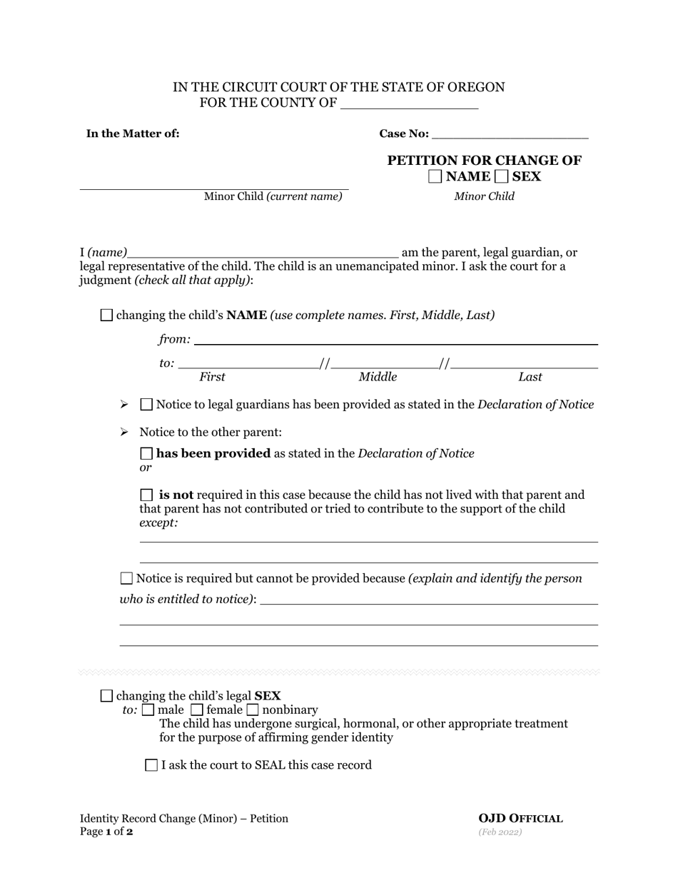 Oregon Change of Name or Sex - Minor Child - Fill Out, Sign Online and ...