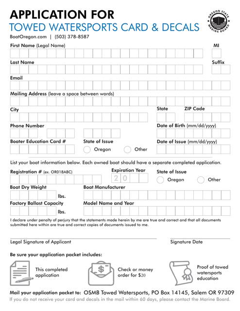 Application for Towed Watersports Card & Decals - Oregon Download Pdf