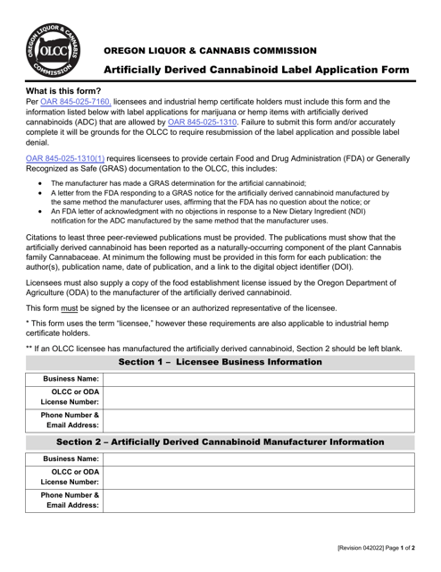 Artificially Derived Cannabinoid Label Application Form - Oregon