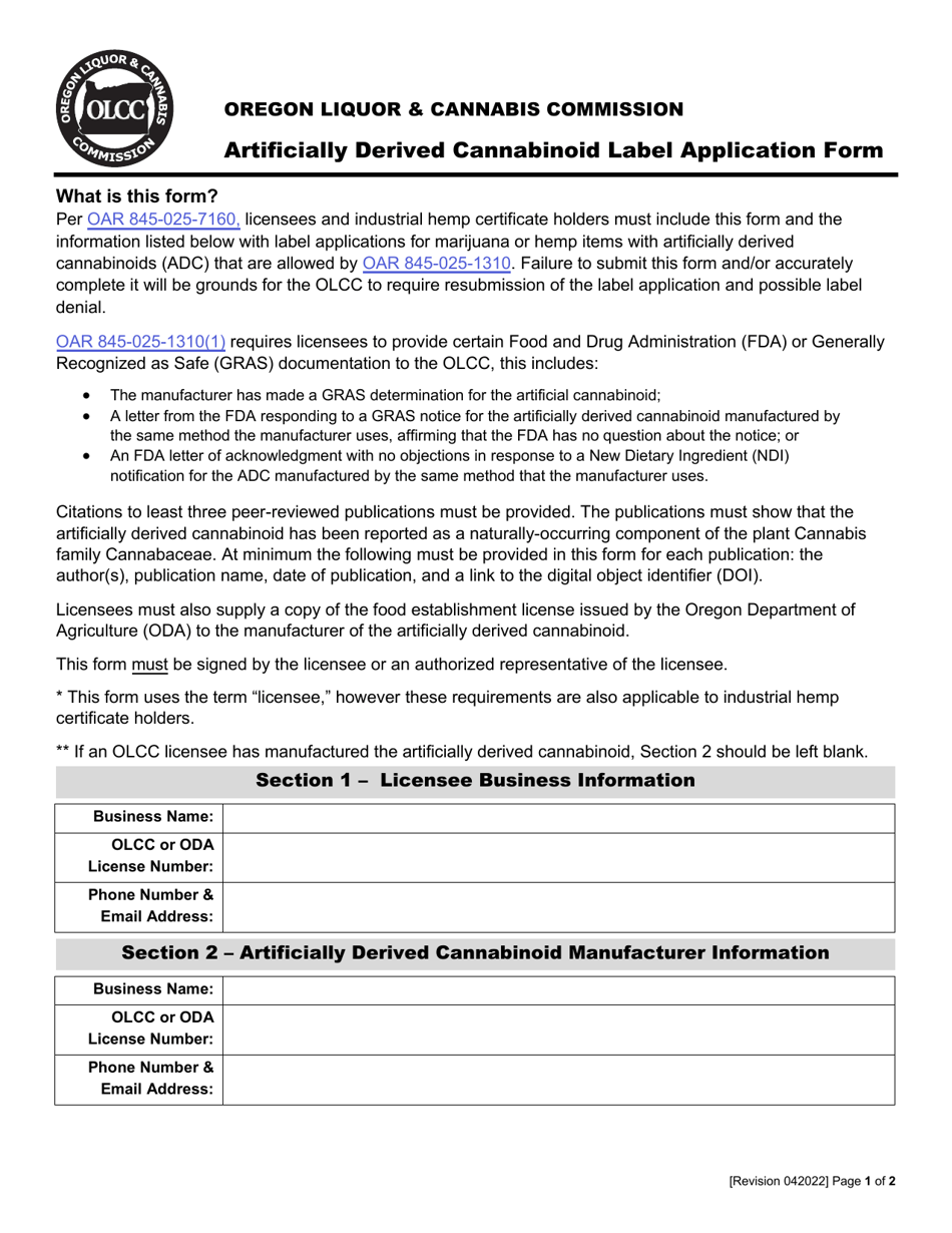 Artificially Derived Cannabinoid Label Application Form - Oregon, Page 1