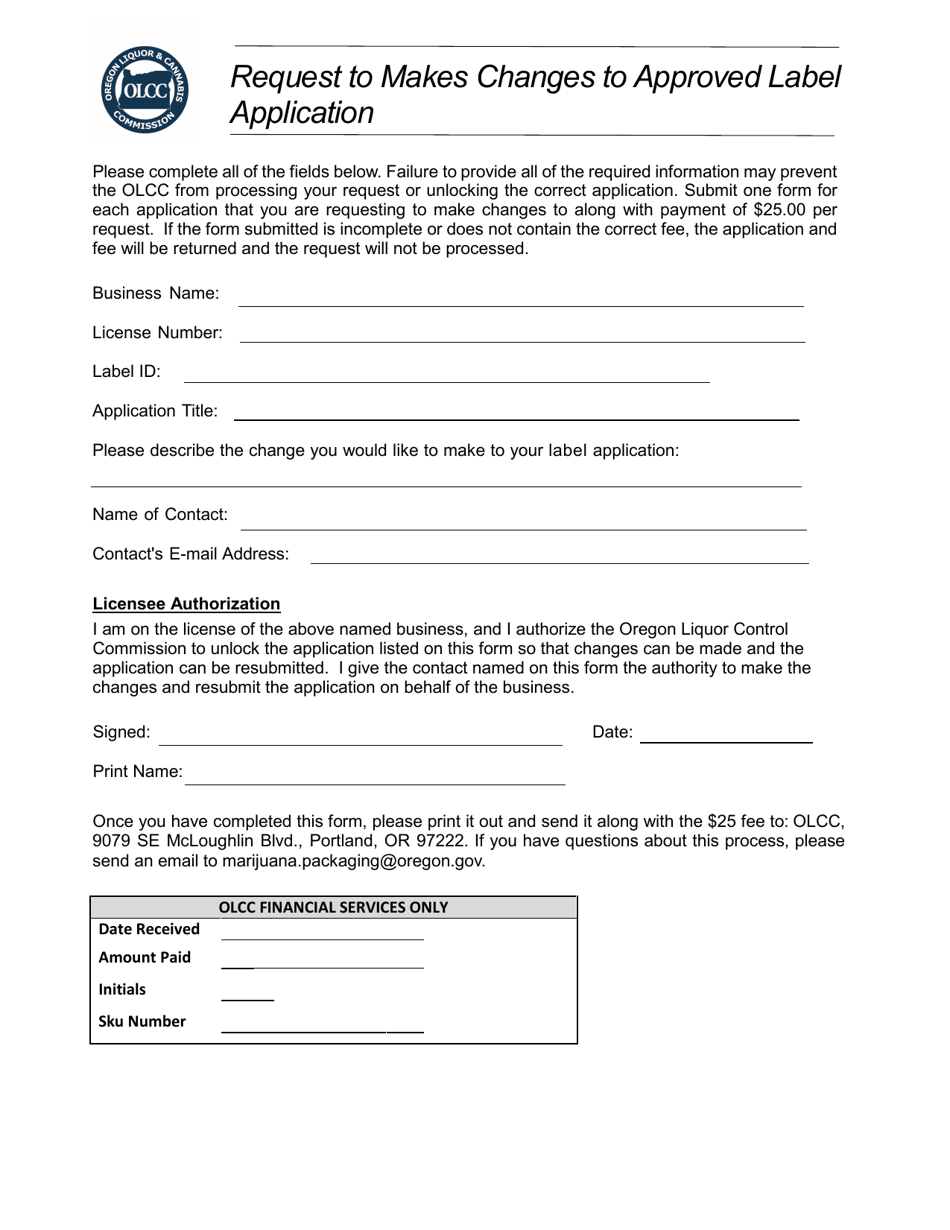 Request to Makes Changes to Approved Label Application - Oregon, Page 1