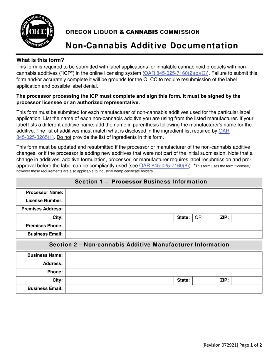 Non-cannabis Additive Documentation - Oregon, Page 1