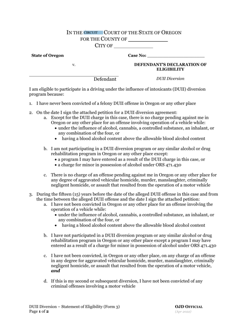 DUII Diversion Form 3 Defendant's Declaration of Eligibility - Oregon