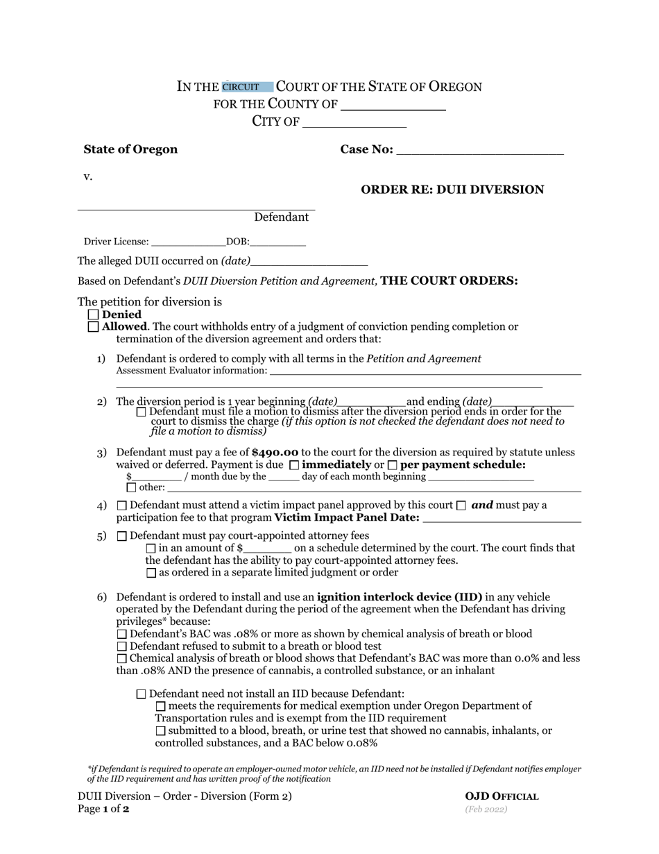 DUII Diversion Form 2 Download Fillable PDF or Fill Online Order Re