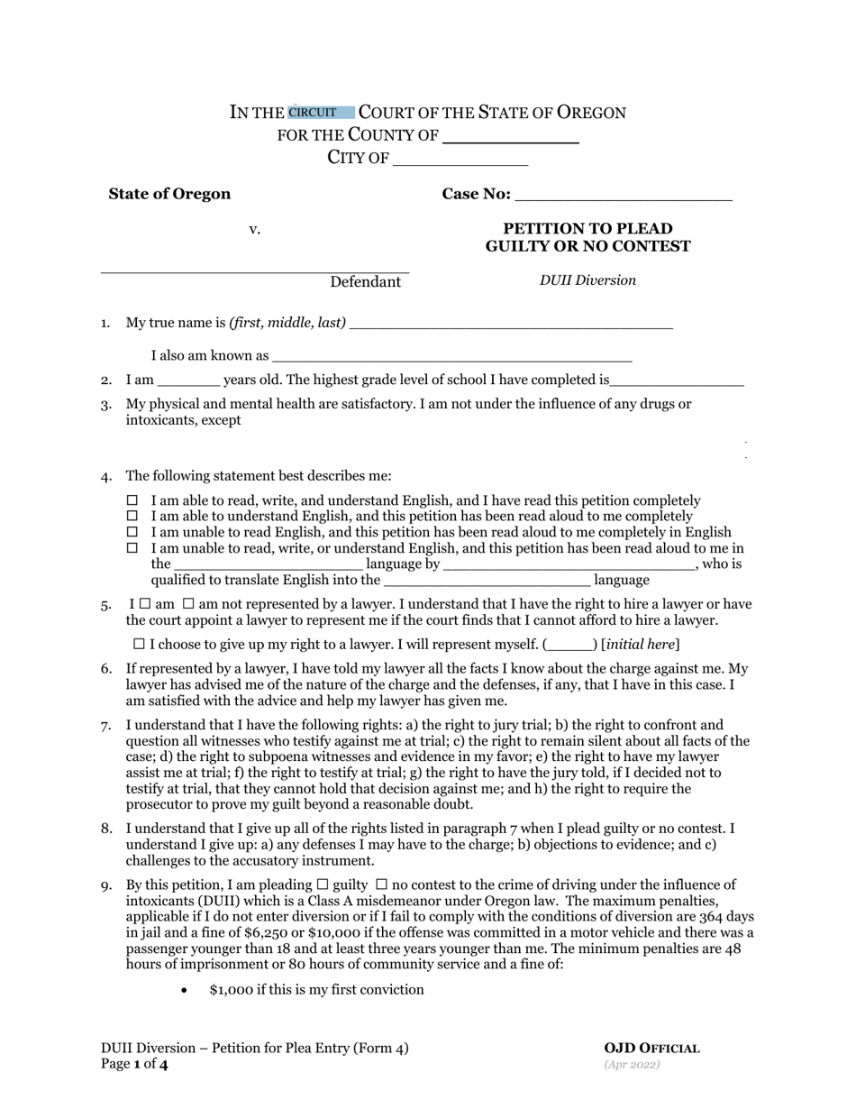 DUII Diversion Form 4 Petition to Plead Guilty or No Contest - Oregon, Page 1