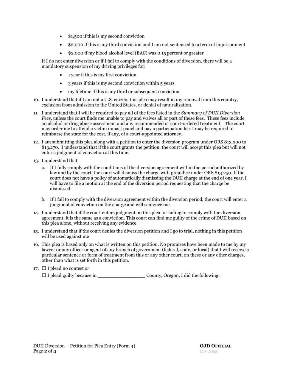 DUII Diversion Form 4 Petition to Plead Guilty or No Contest - Oregon, Page 2