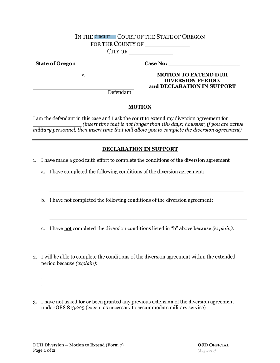 DUII Diversion Form 7 Motion to Extend Duii Diversion Period, and Declaration in Support - Oregon, Page 1