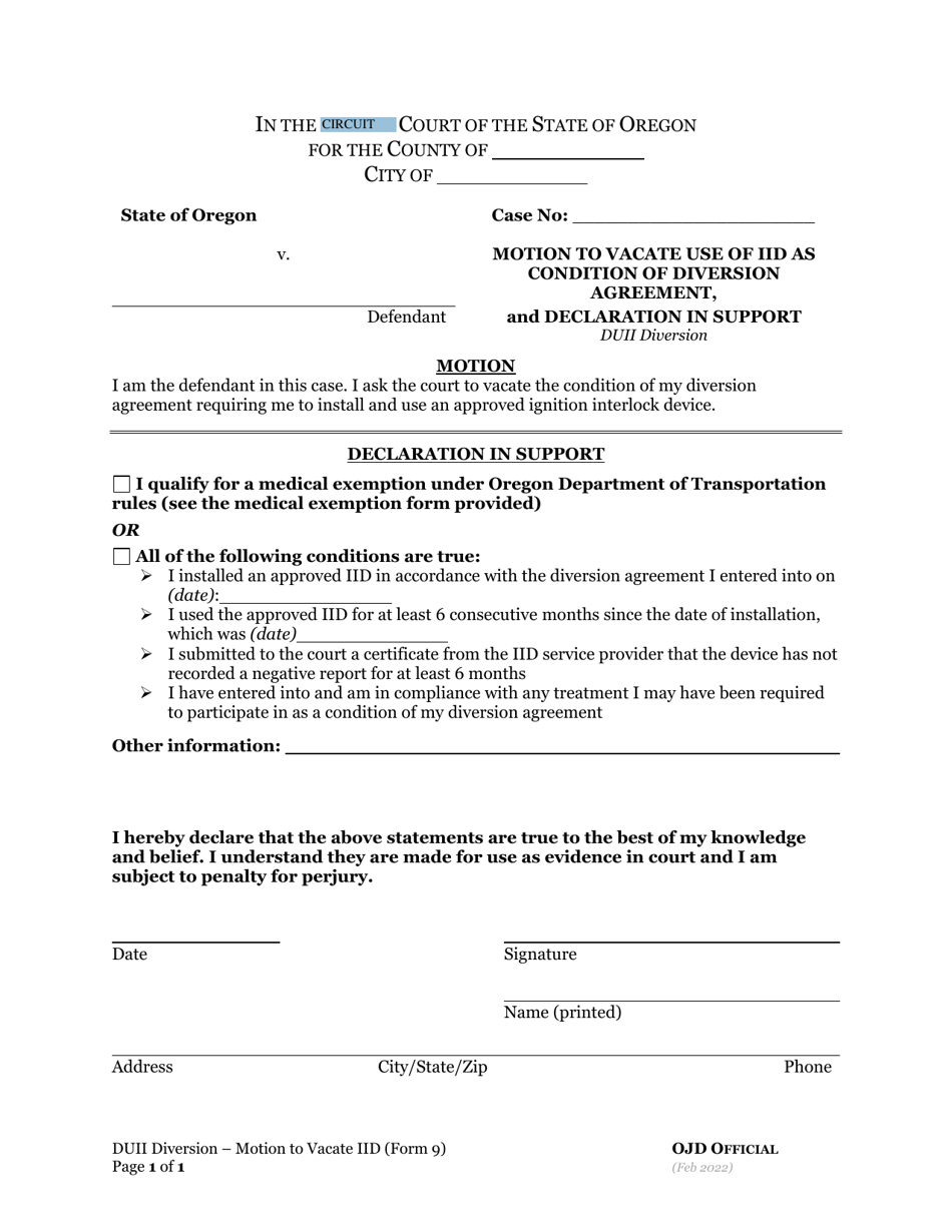 DUII Diversion Form 9 Download Fillable PDF or Fill Online Motion to