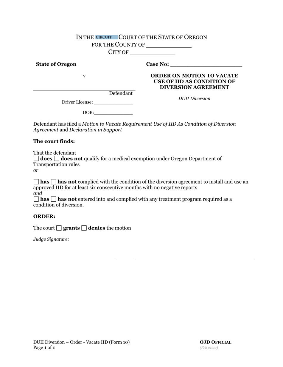 DUII Diversion Form 10 Order on Motion to Vacate Use of Iid as Condition of Diversion Agreement - Oregon, Page 1