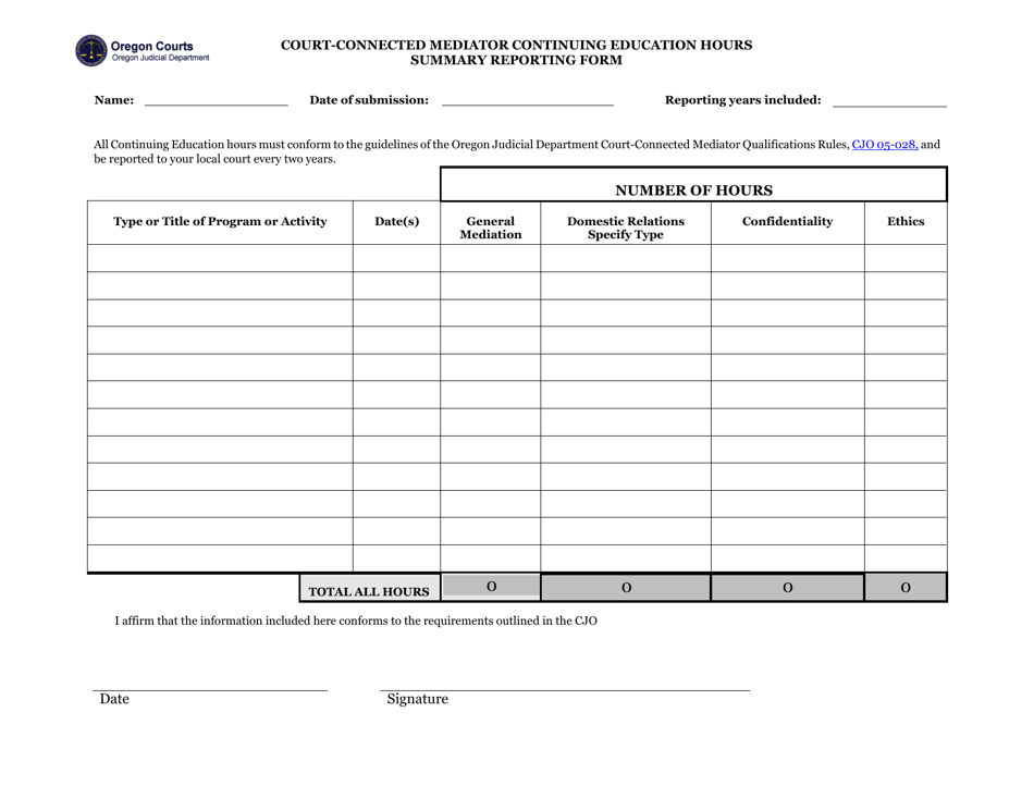 Court-Connected Mediator Continuing Education Hours Summary Reporting Form - Oregon, Page 1
