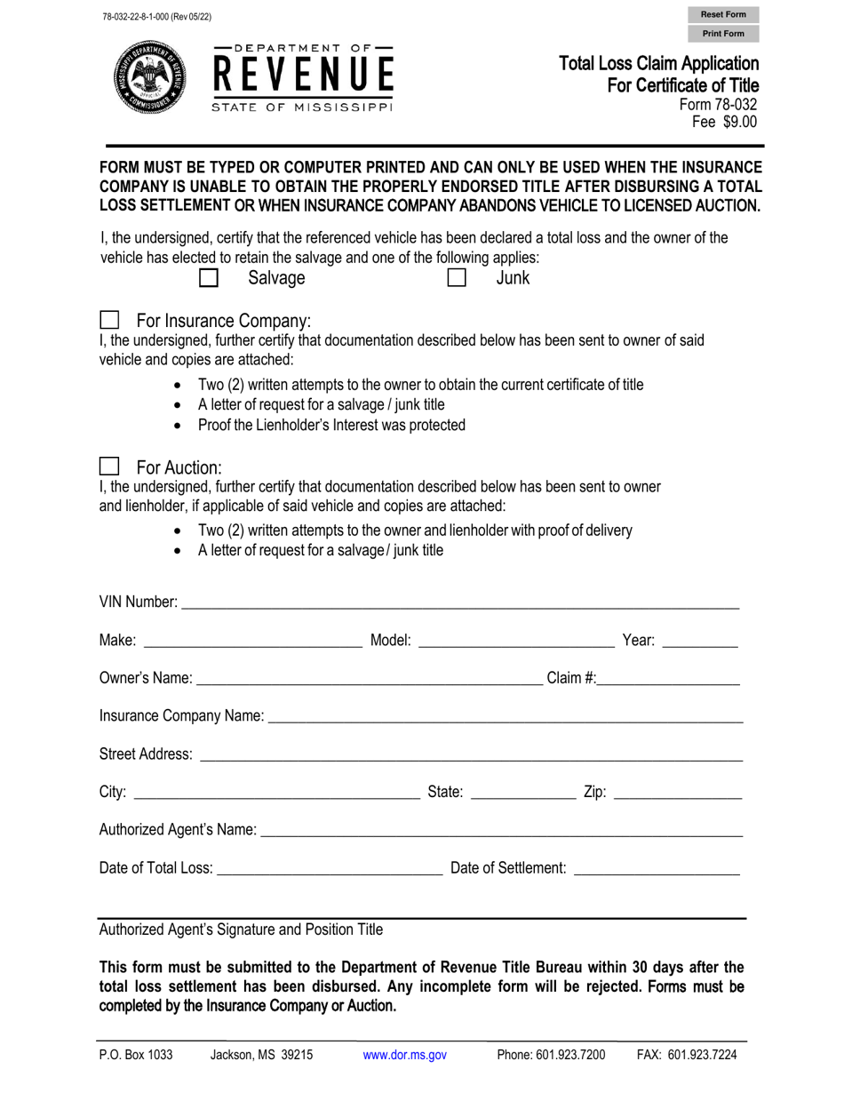 Form 78-032 Total Loss Claim Application for Certificate of Title - Mississippi, Page 1