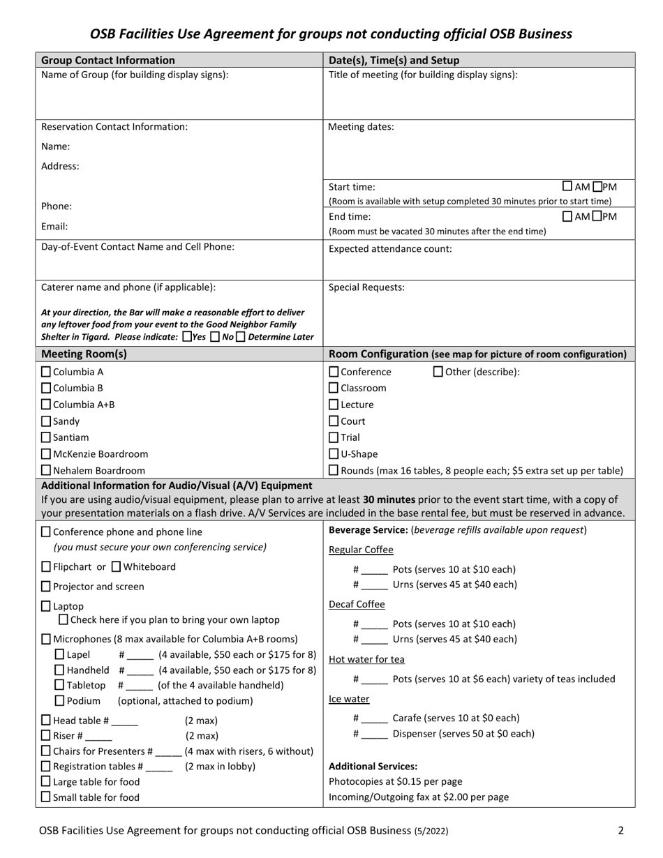 Osb Facilities Use Agreement for Groups Not Conducting Official Osb Business - Oregon, Page 2