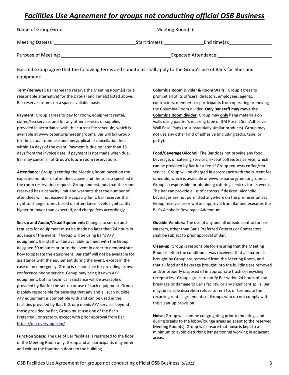Osb Facilities Use Agreement for Groups Not Conducting Official Osb Business - Oregon, Page 3