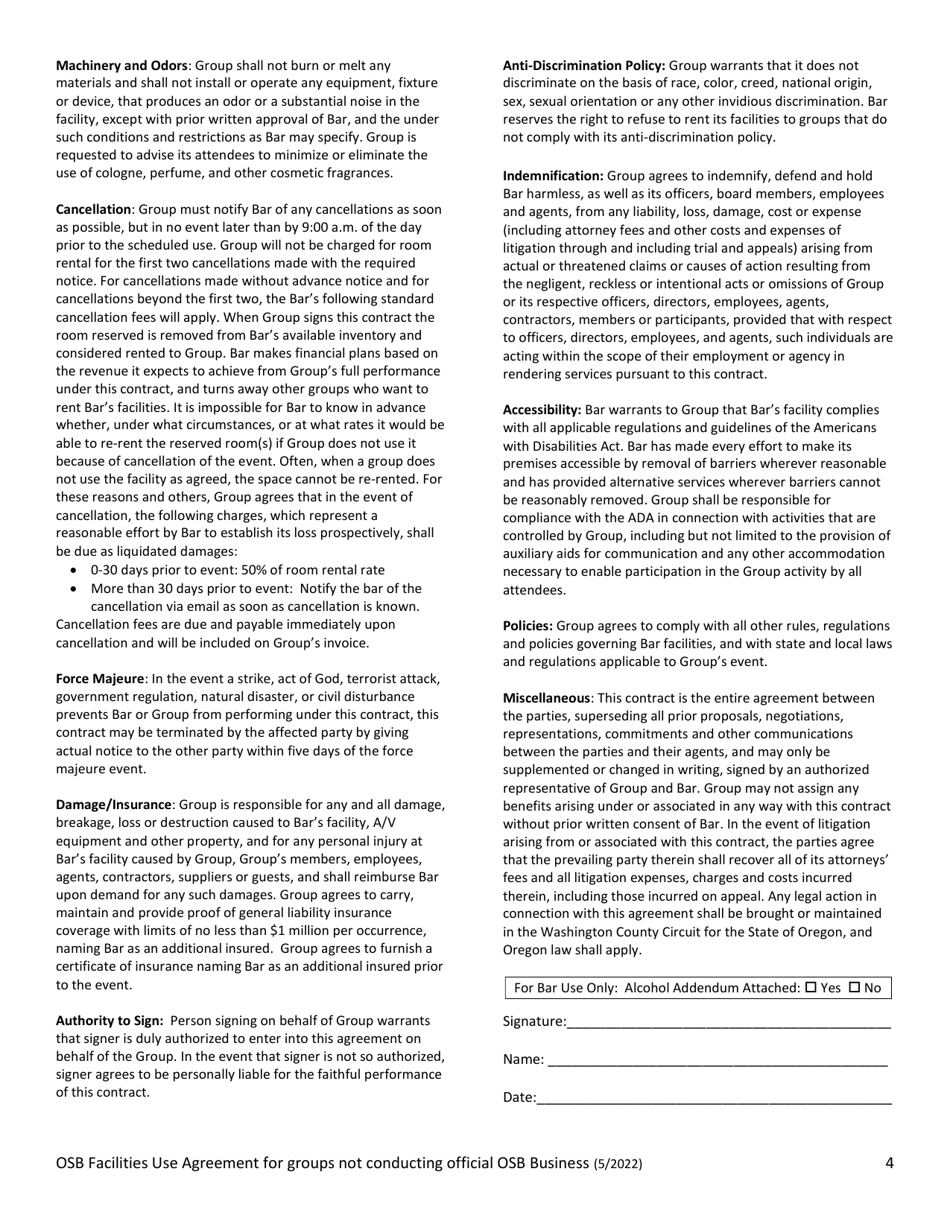 Osb Facilities Use Agreement for Groups Not Conducting Official Osb Business - Oregon, Page 4